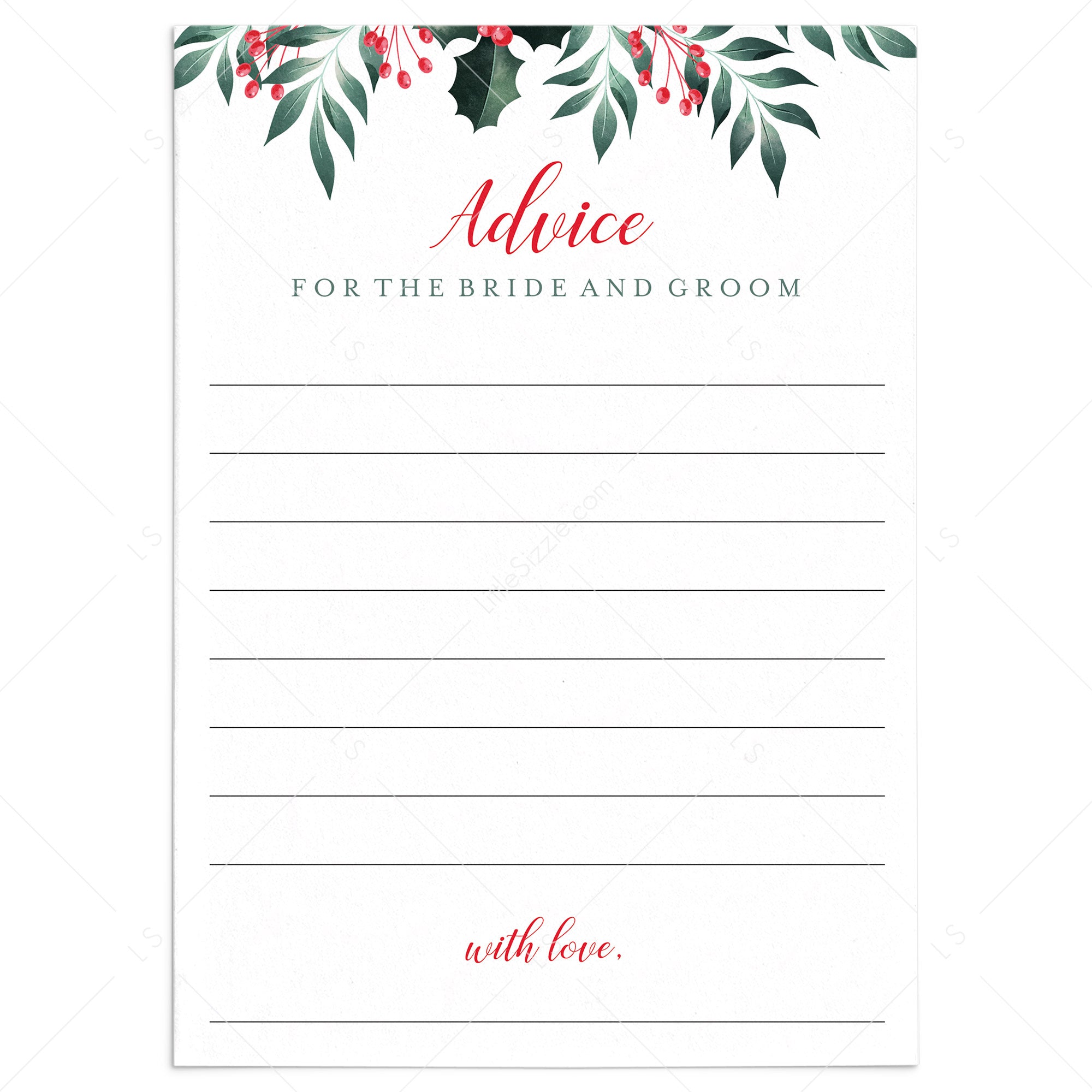 Winter Greenery Wedding Advice Cards Printable by LittleSizzle