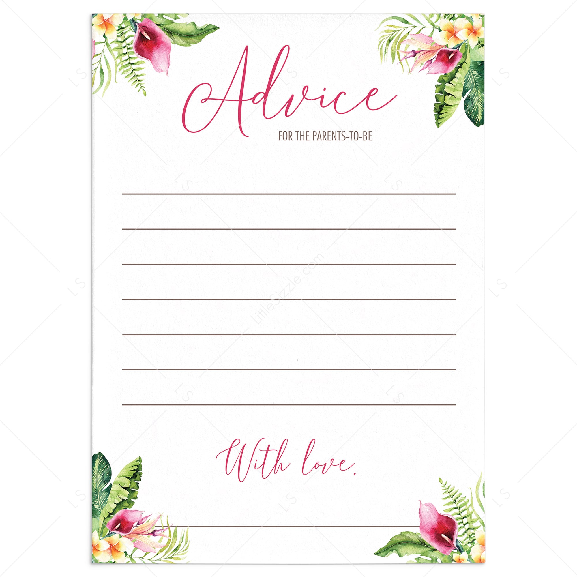 Tropical floral baby shower advice cards printable by LittleSizzle