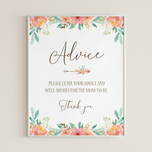 Floral Themed Advice Sign for Baby Shower Template by LittleSizzle