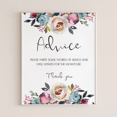 Watercolor flower boho shower advice for new mom sign by LittleSizzle