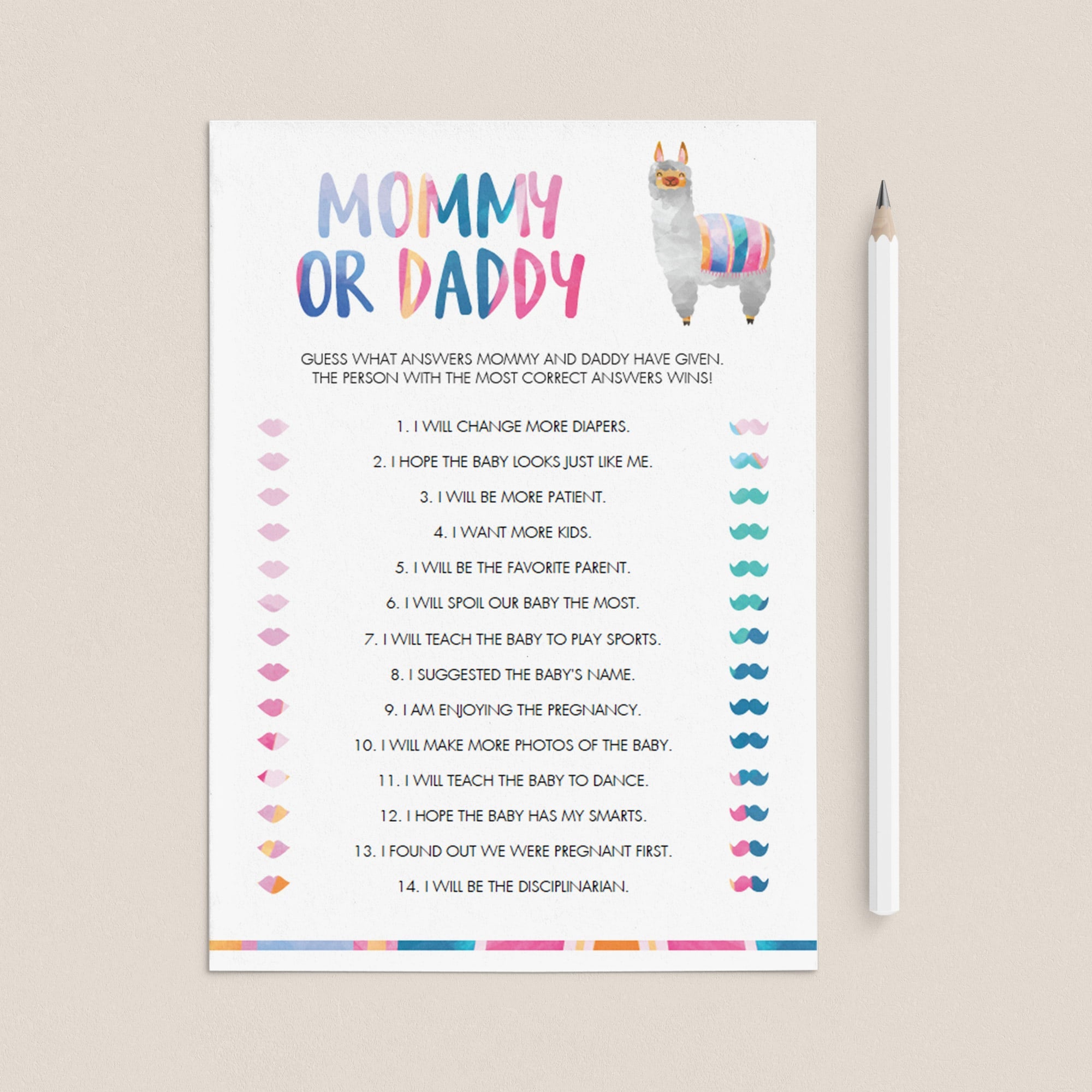 Mommy or daddy baby shower game llama theme by LittleSizzle