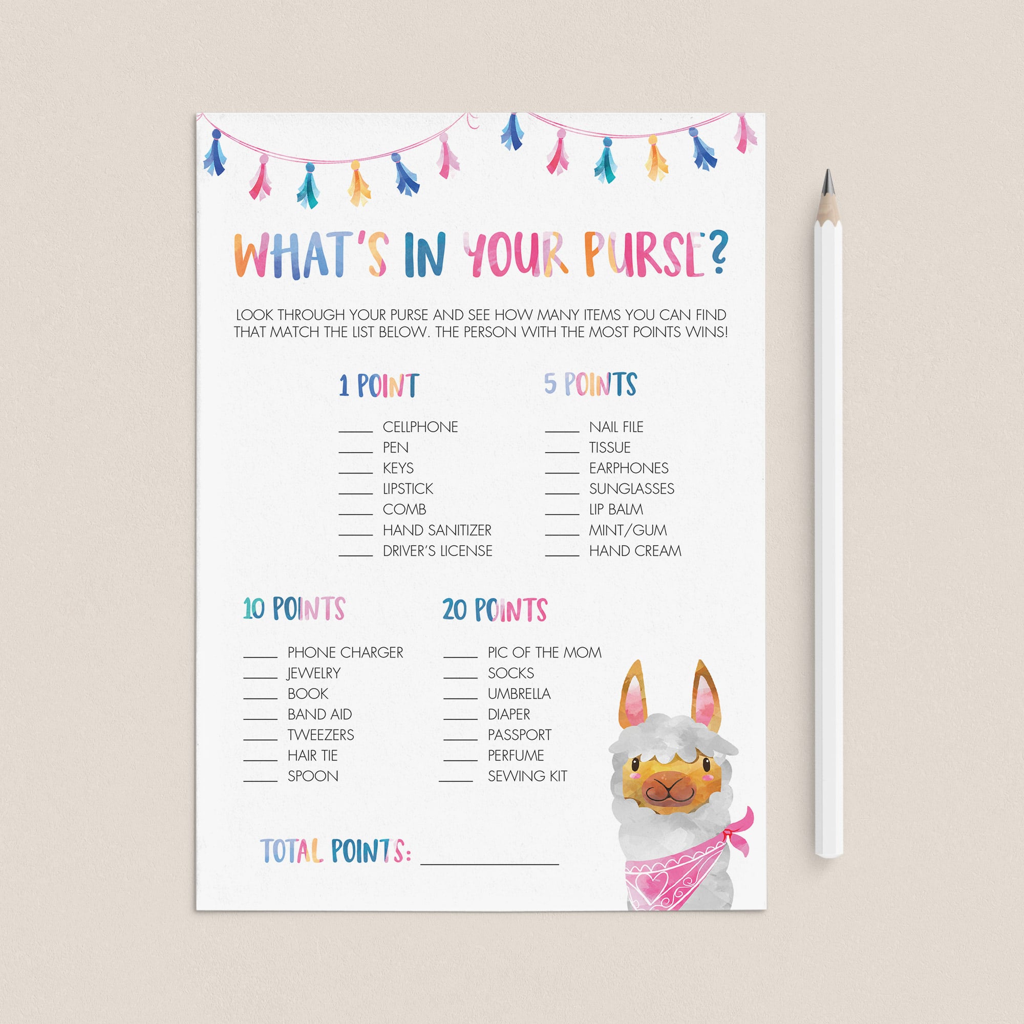 Fiesta Baby Shower Game What's In Your Purse Printable by LittleSizzle