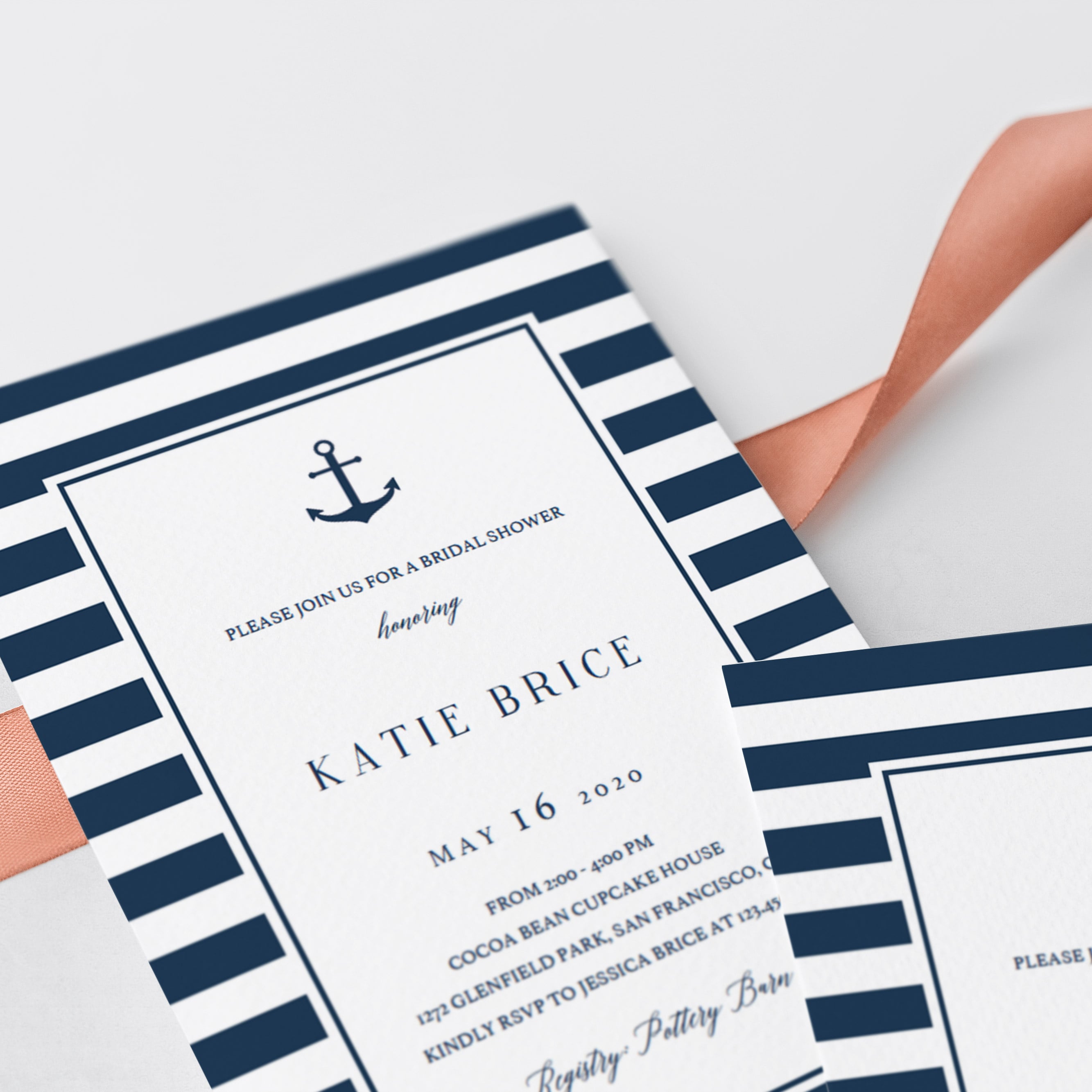 navy and white bridal shower invitation cards