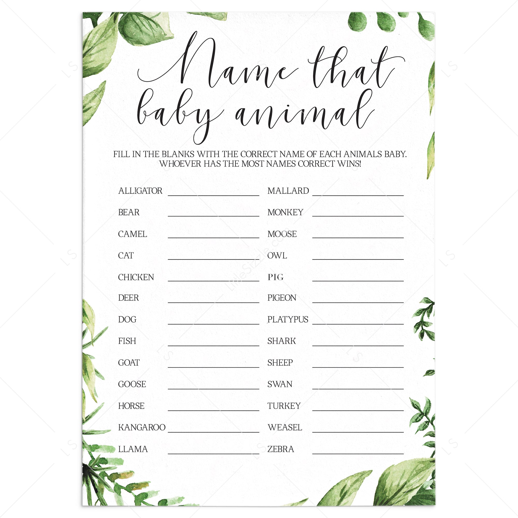 Baby Animals Name Quiz printable baby shower game by LittleSizzle