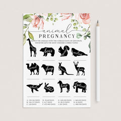 Animal Gestation Game Printable Blush Floral Baby Shower by LittleSizzle