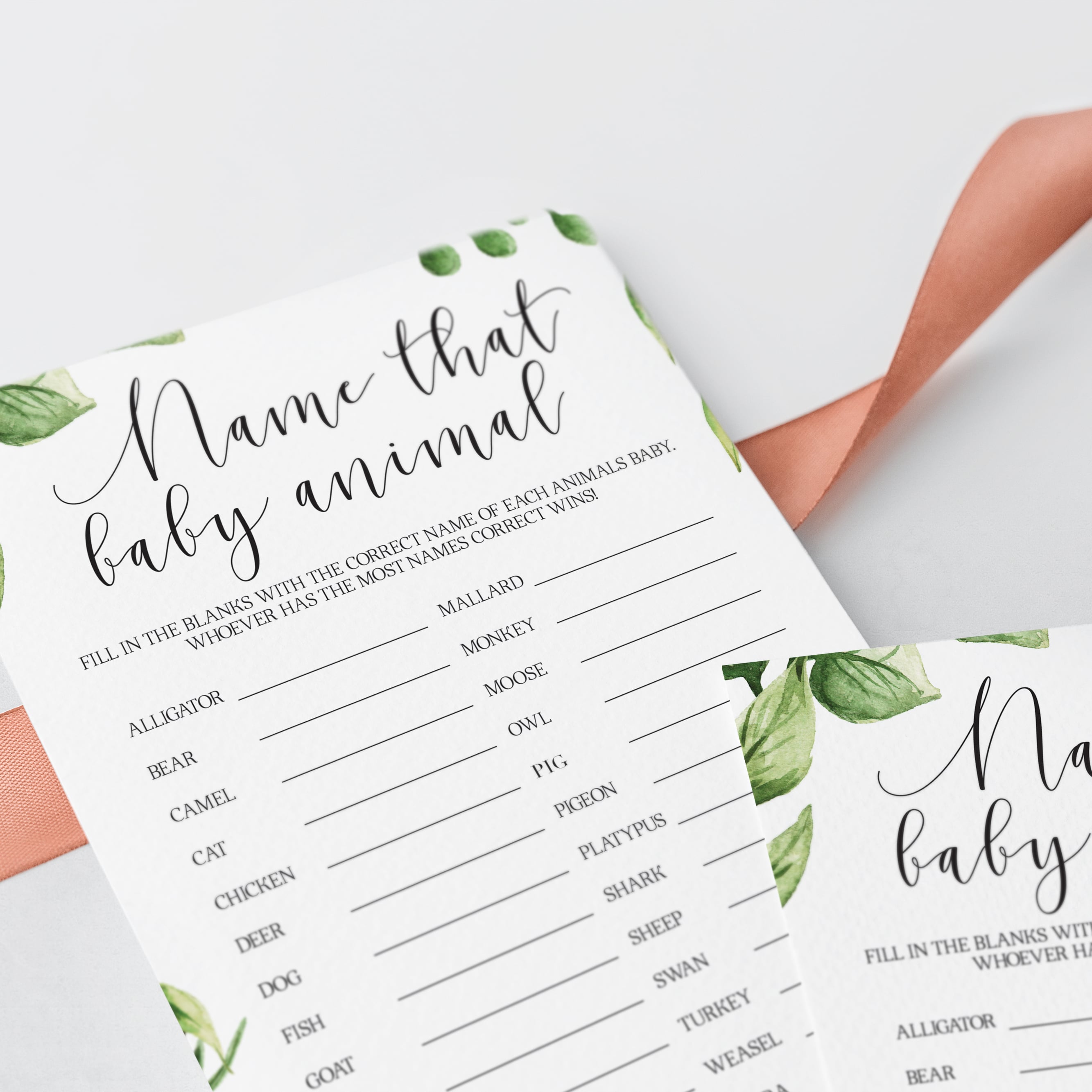 Name the baby animal quiz for greenery baby shower printable game by LittleSizzle