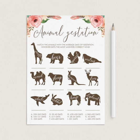 Animal Gestation Girl Baby Shower Game Printable by LittleSizzle