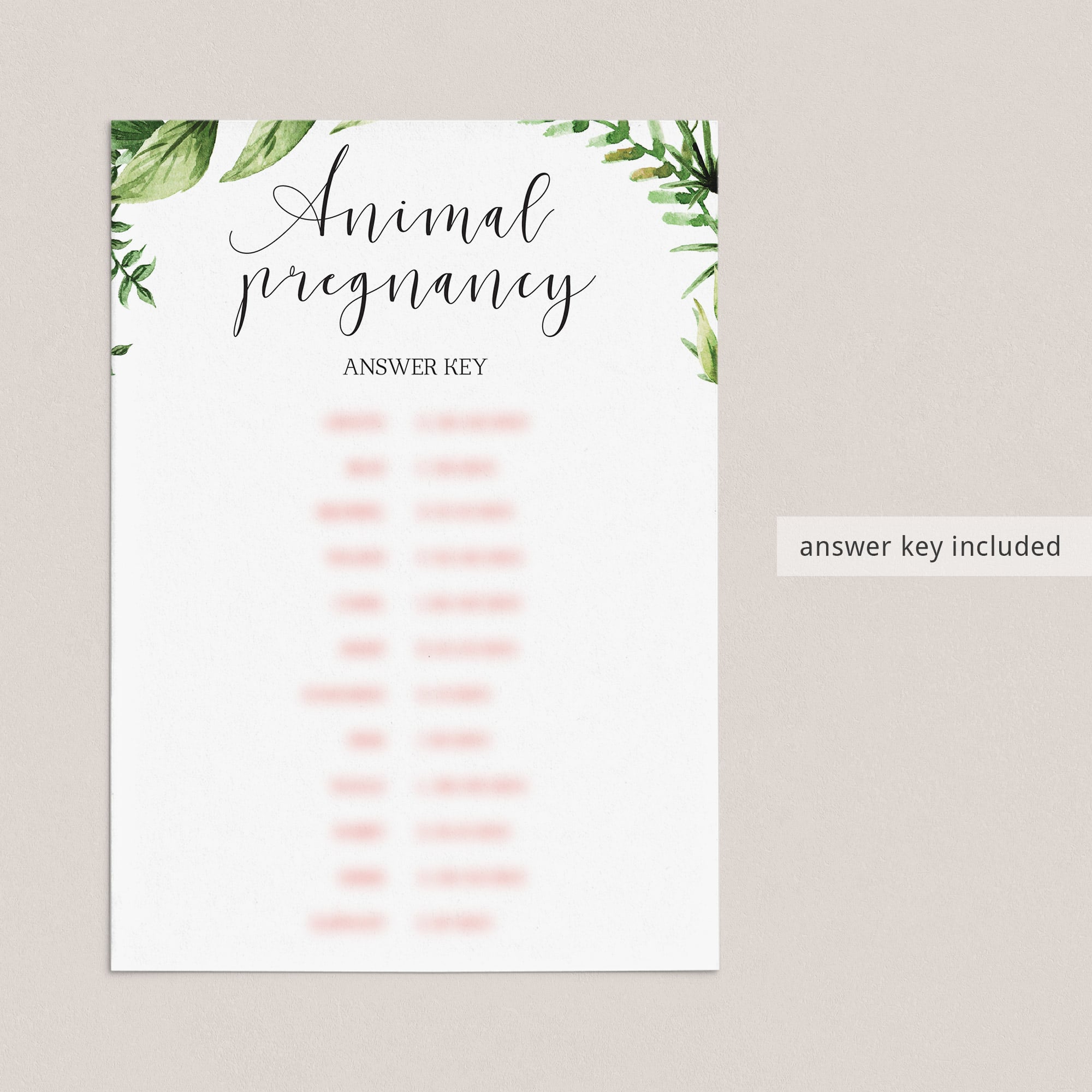 animal pregnancy baby shower game answers instant download by LittleSizzle