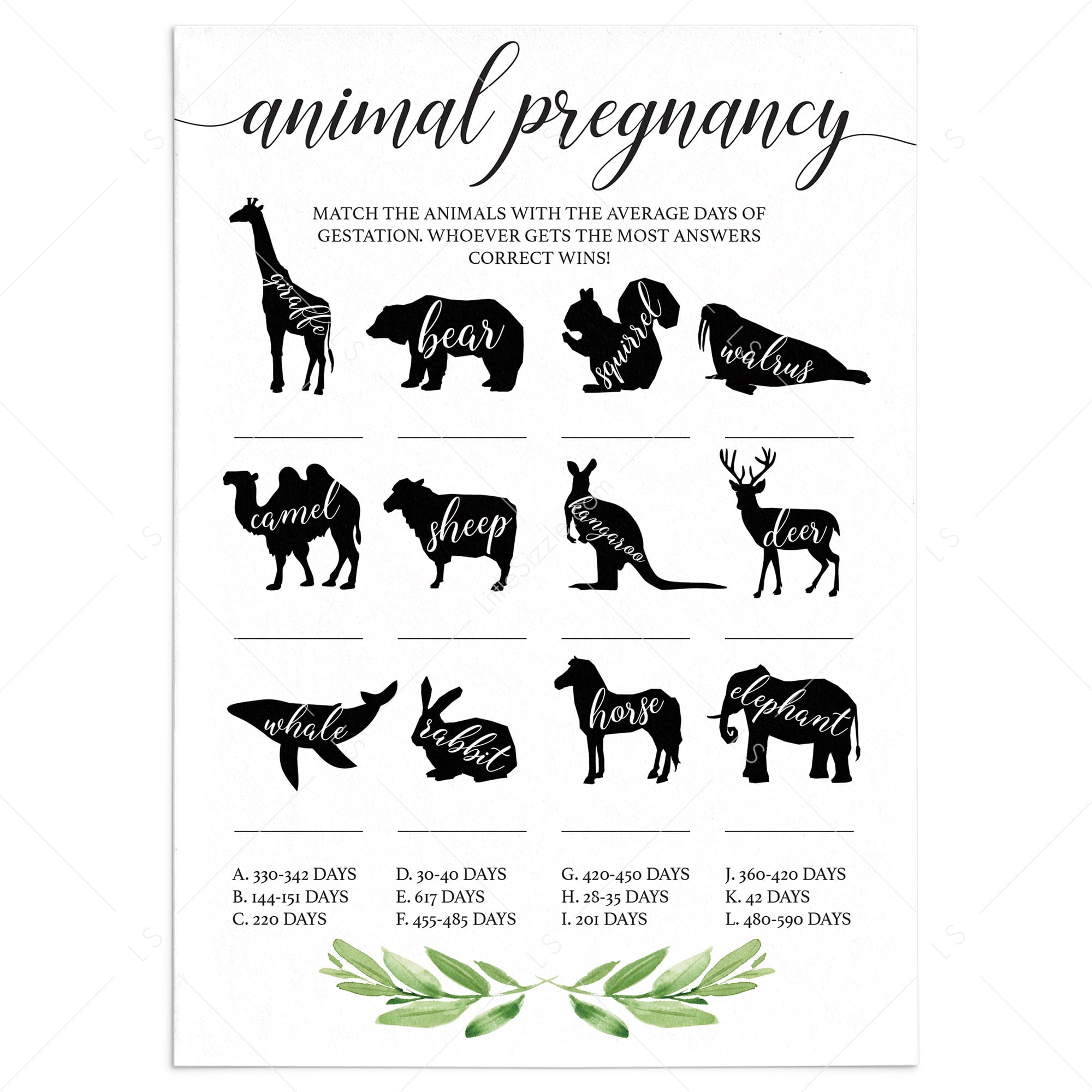 Greenery Baby Shower Animal Games Printable by LittleSizzle