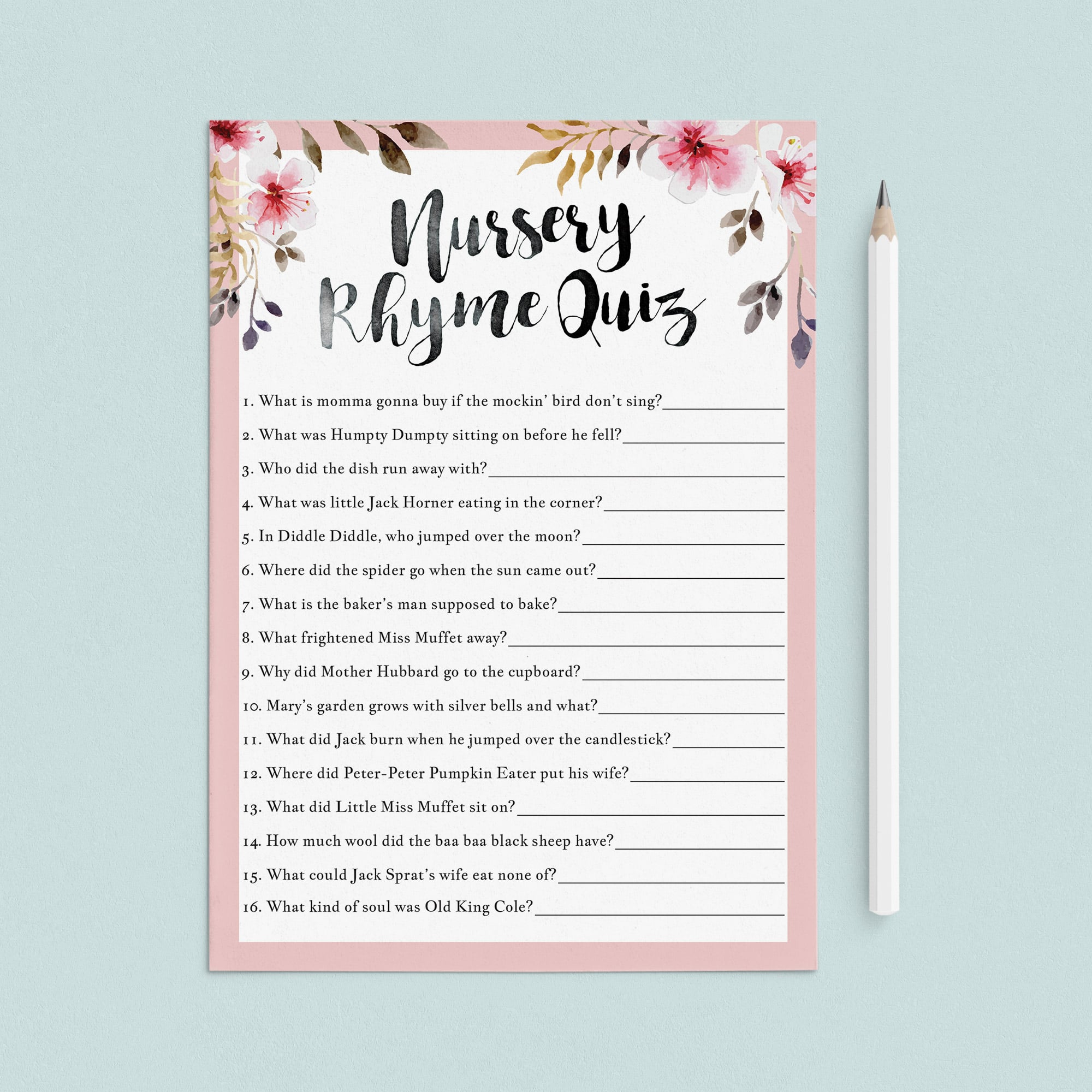 Pink floral nursery rhyme quiz for girl babyshower by LittleSizzle