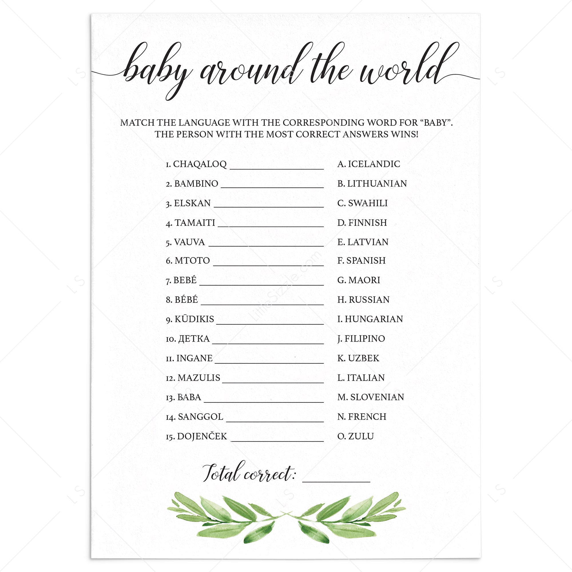 Greenery baby shower quiz baby around the world printable by LittleSizzle