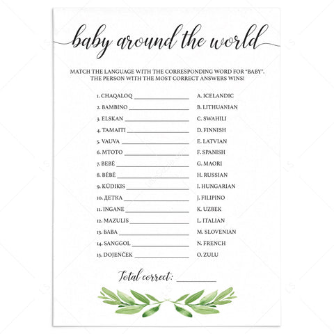 Greenery baby shower quiz Baby Around The World printable | Instant ...