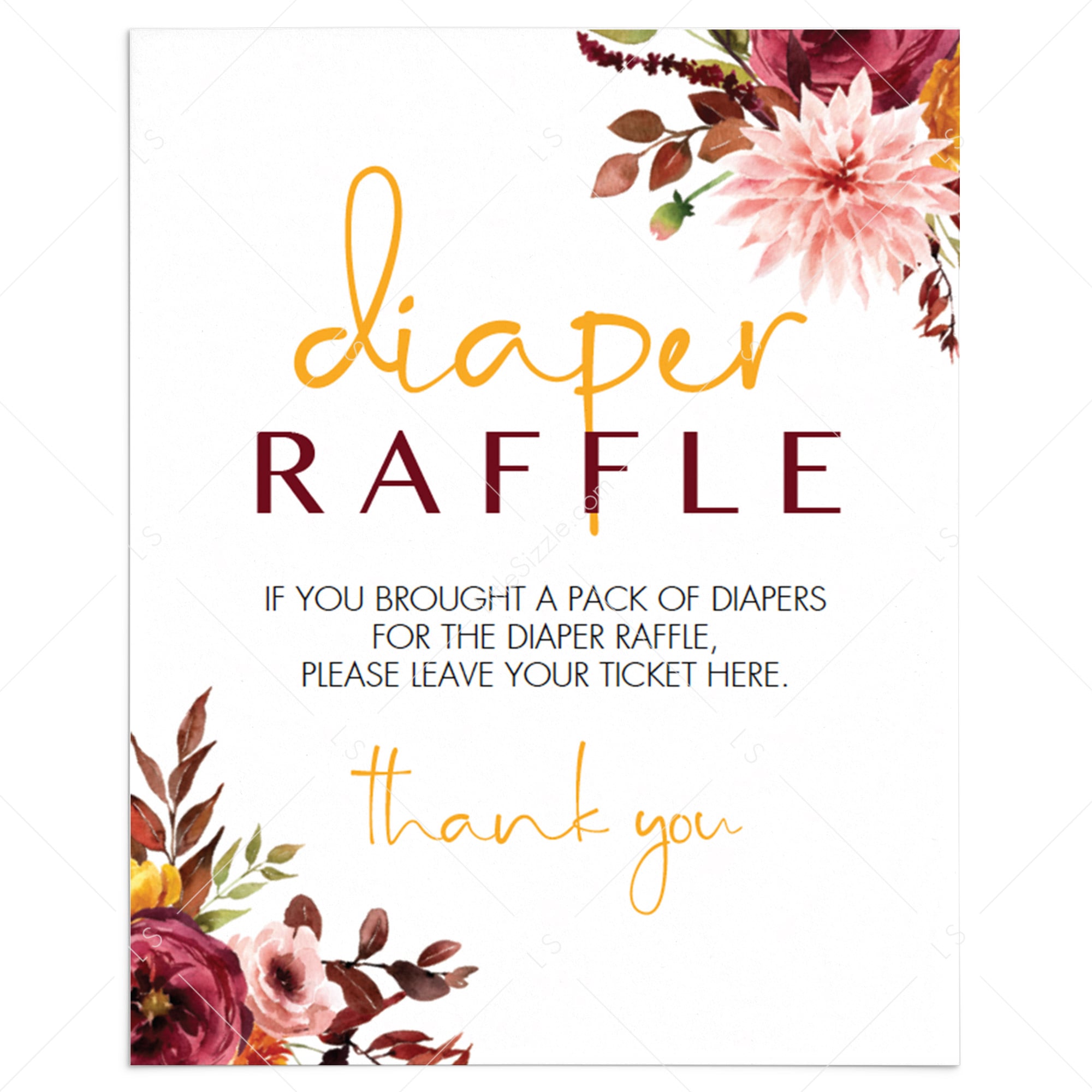 Vintage Floral BabyShower Diaper Raffle Sign Template by LittleSizzle