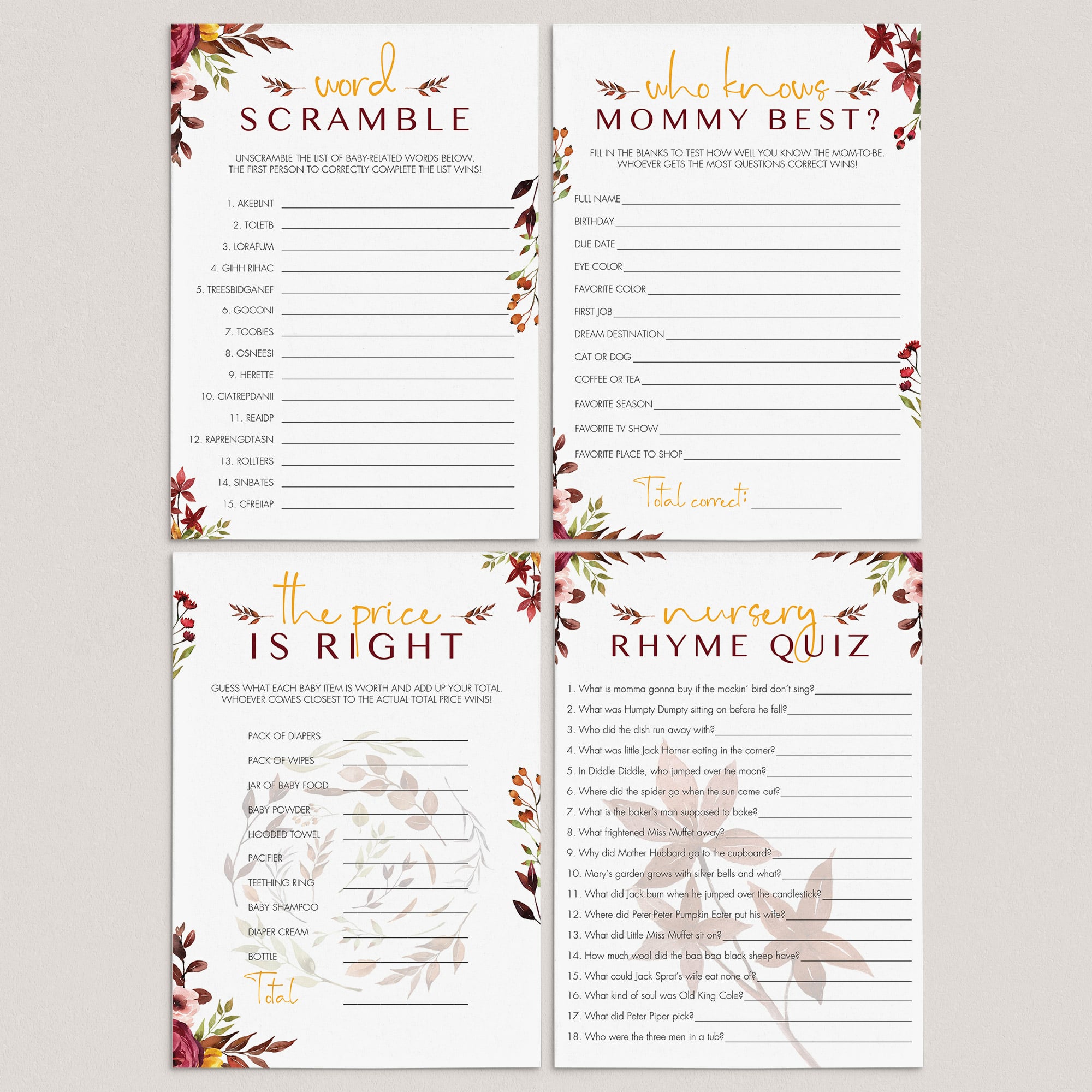 Fall baby shower games bundle printable by LittleSizzle