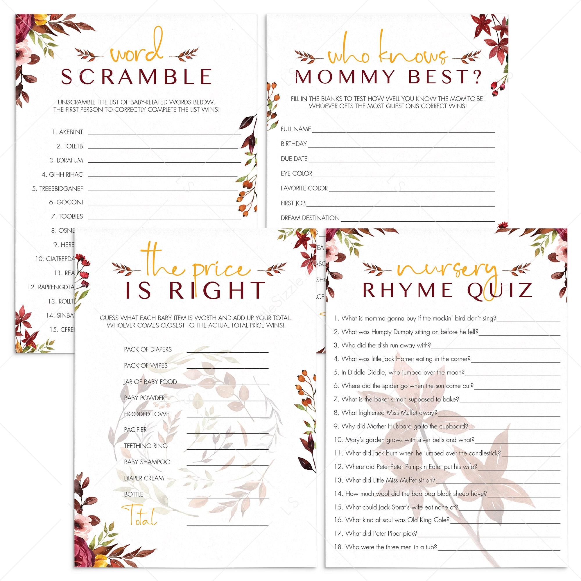 Fall baby shower games bundle printable by LittleSizzle