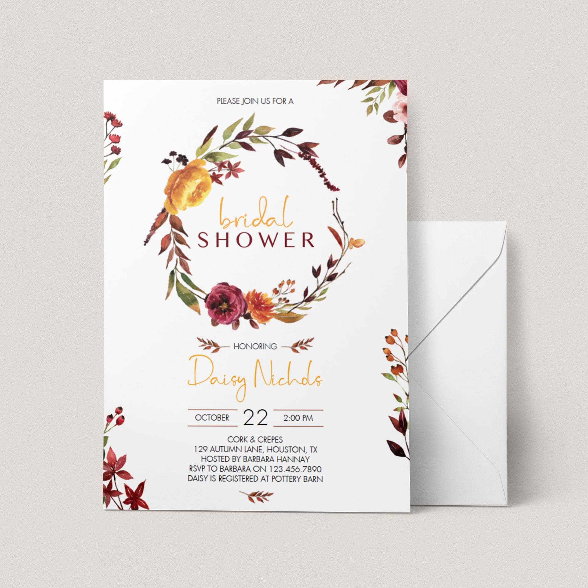 Floral wreath bridal shower invitation fall themed by LittleSizzle