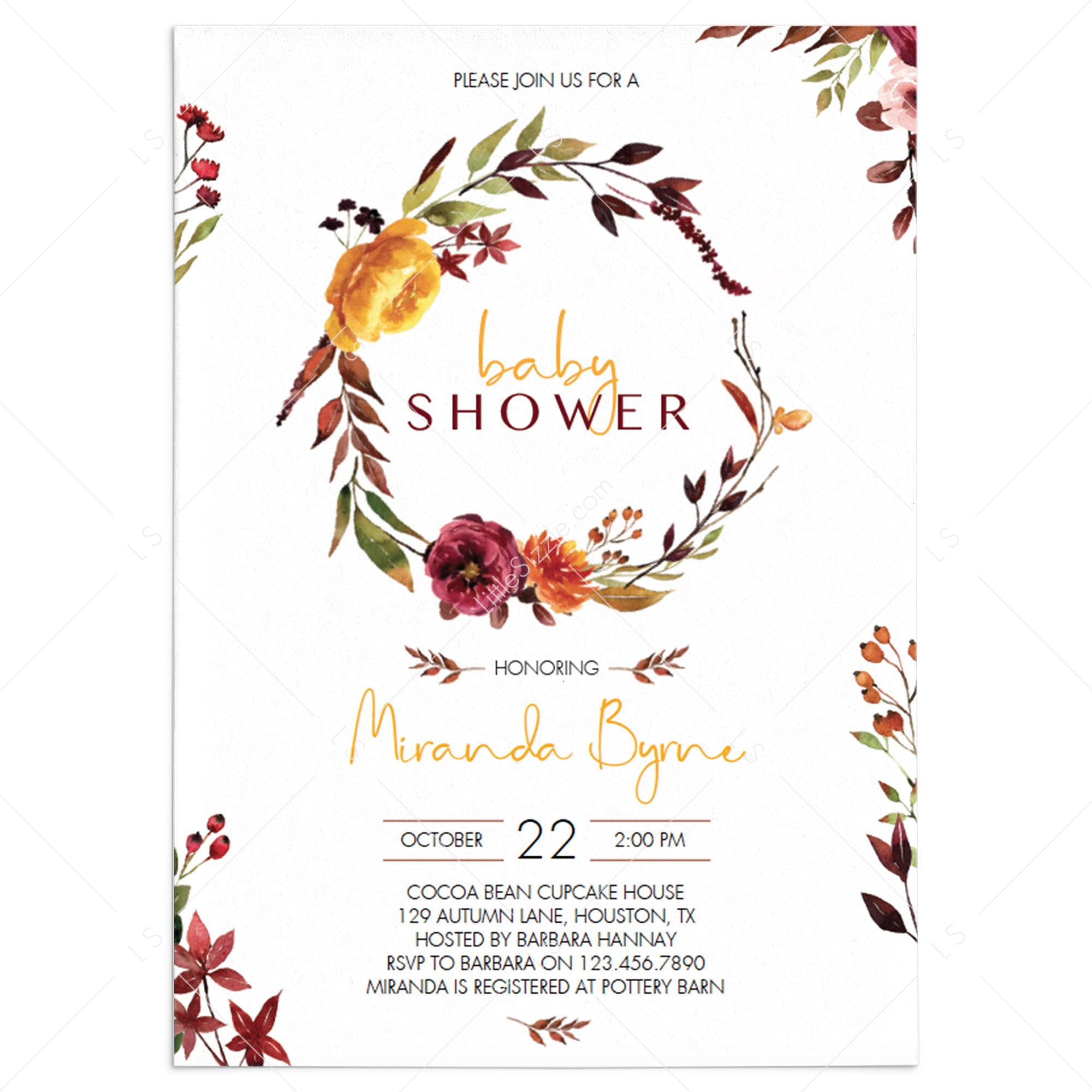 Burgundy floral baby shower invitation by LittleSizzle