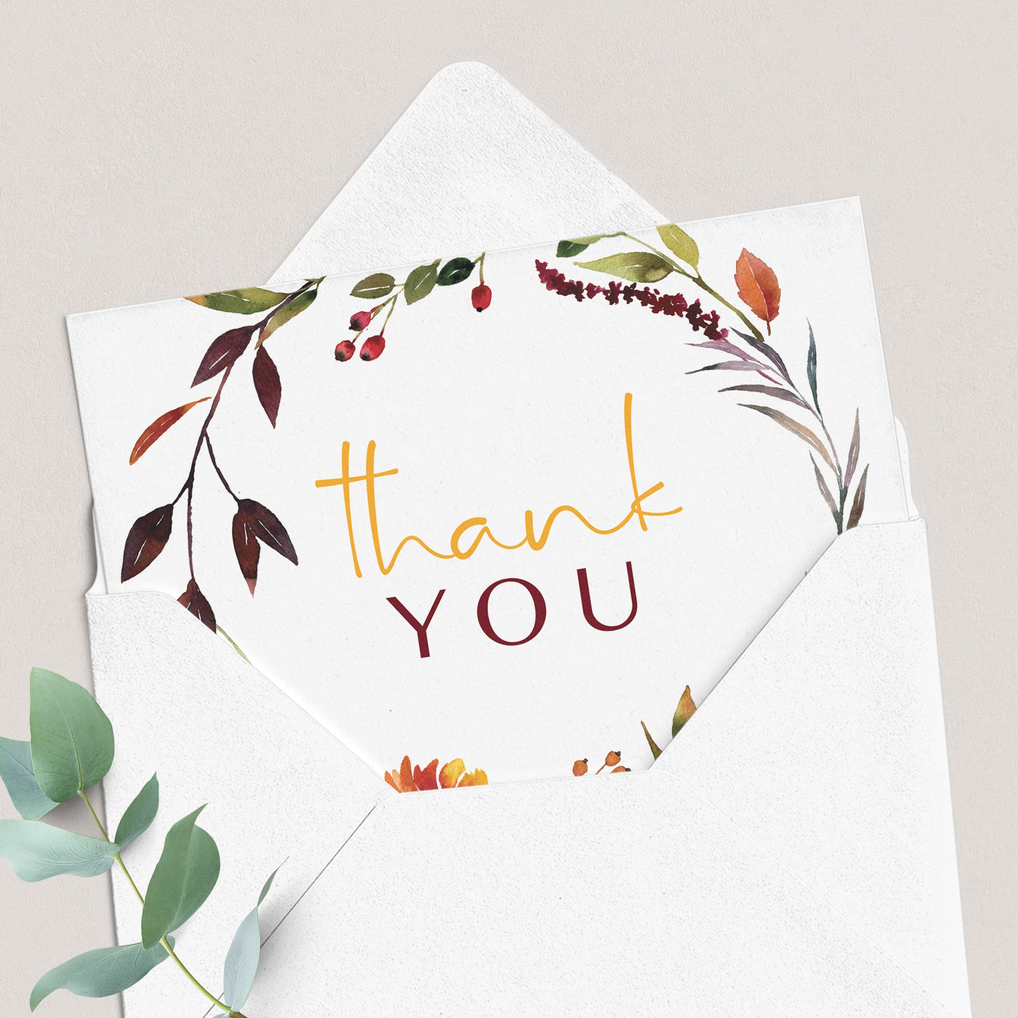 Thank you cards printable with watercolor floral greenery wreath by LittleSizzle