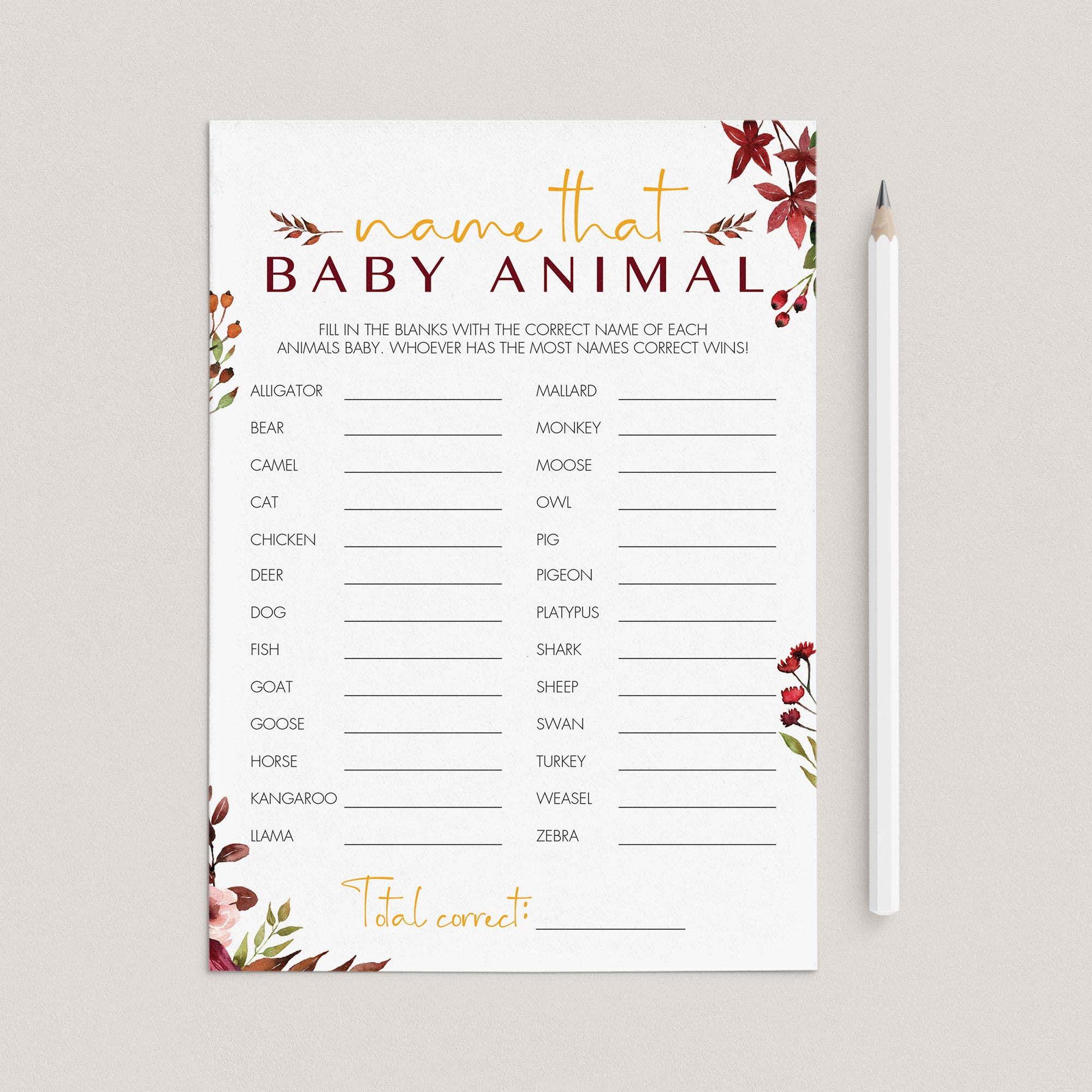 Autumn Themed BabyShower Game Name The Baby Animal Printable by LittleSizzle