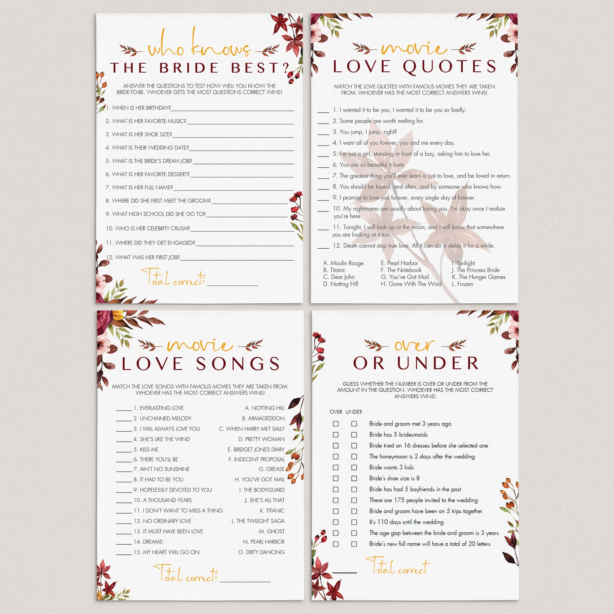 Fall In Love Bridal Shower Games Package Printable by LittleSizzle