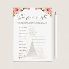 Tribal Baby Shower Games Package with Watercolor Flowers