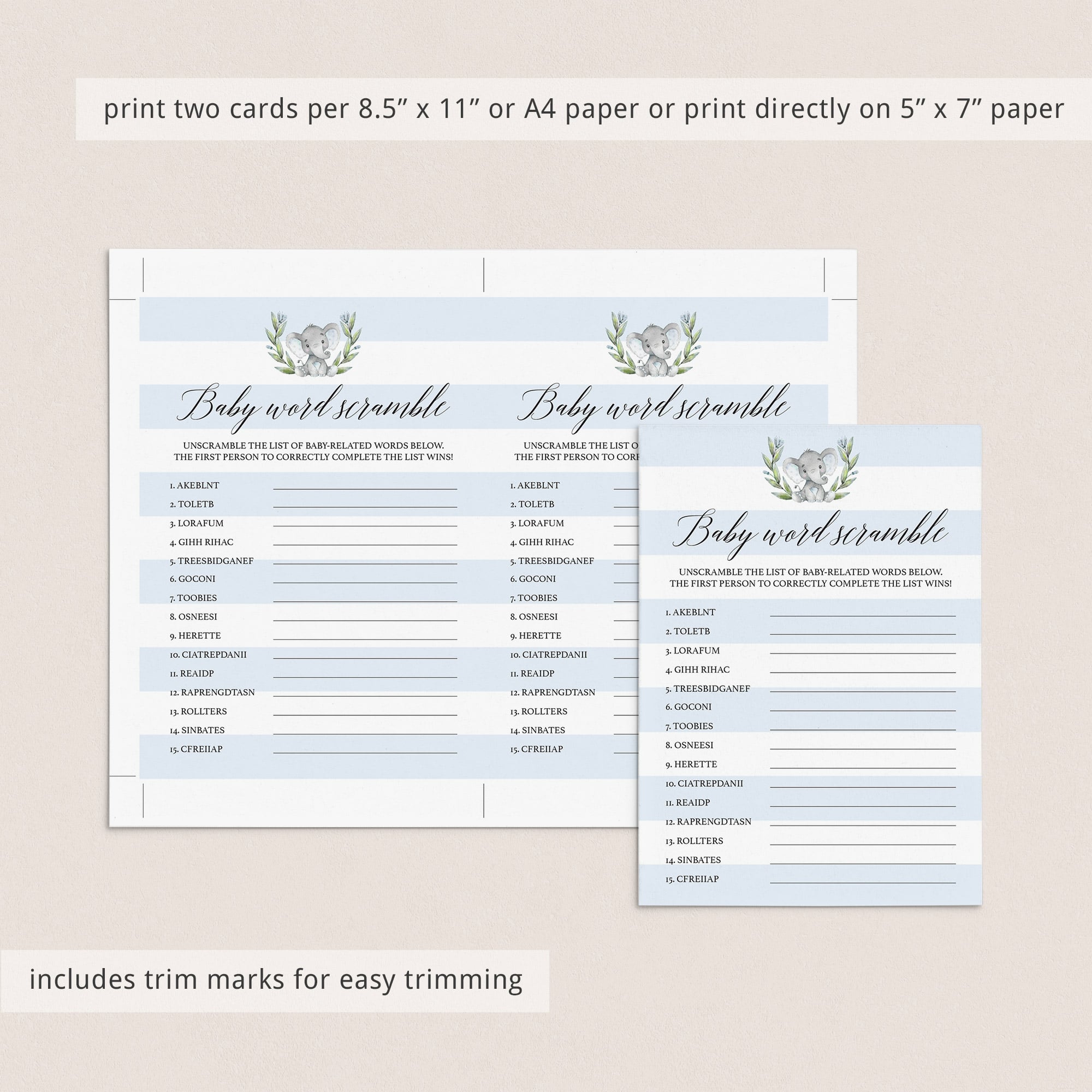 Elephant baby shower game printable by LittleSizzle