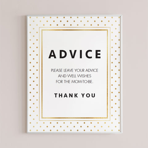 Printable neutral baby shower Advice sign with gold polka dots | Modern ...