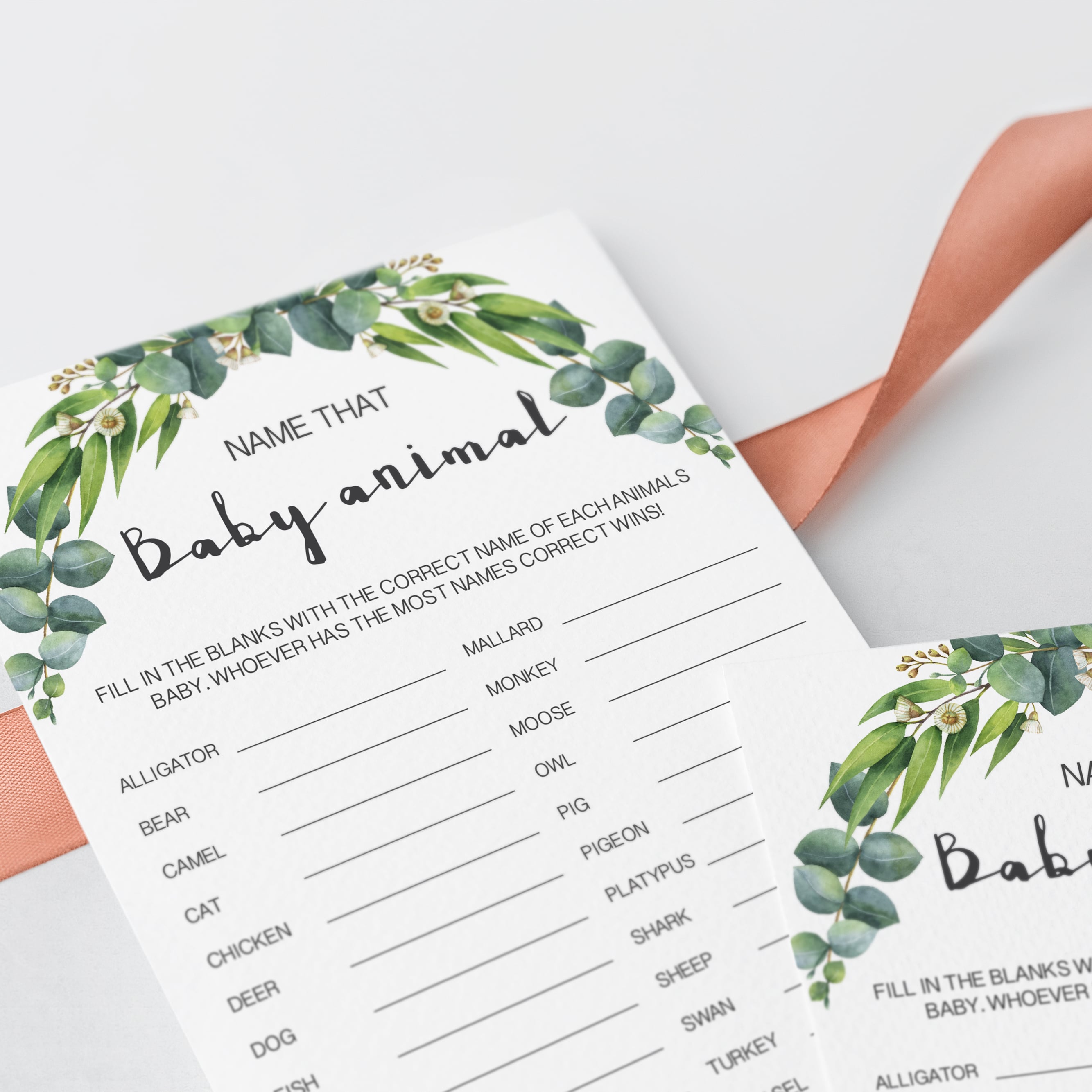 Watercolor green leaves baby shower game cards by LittleSizzle