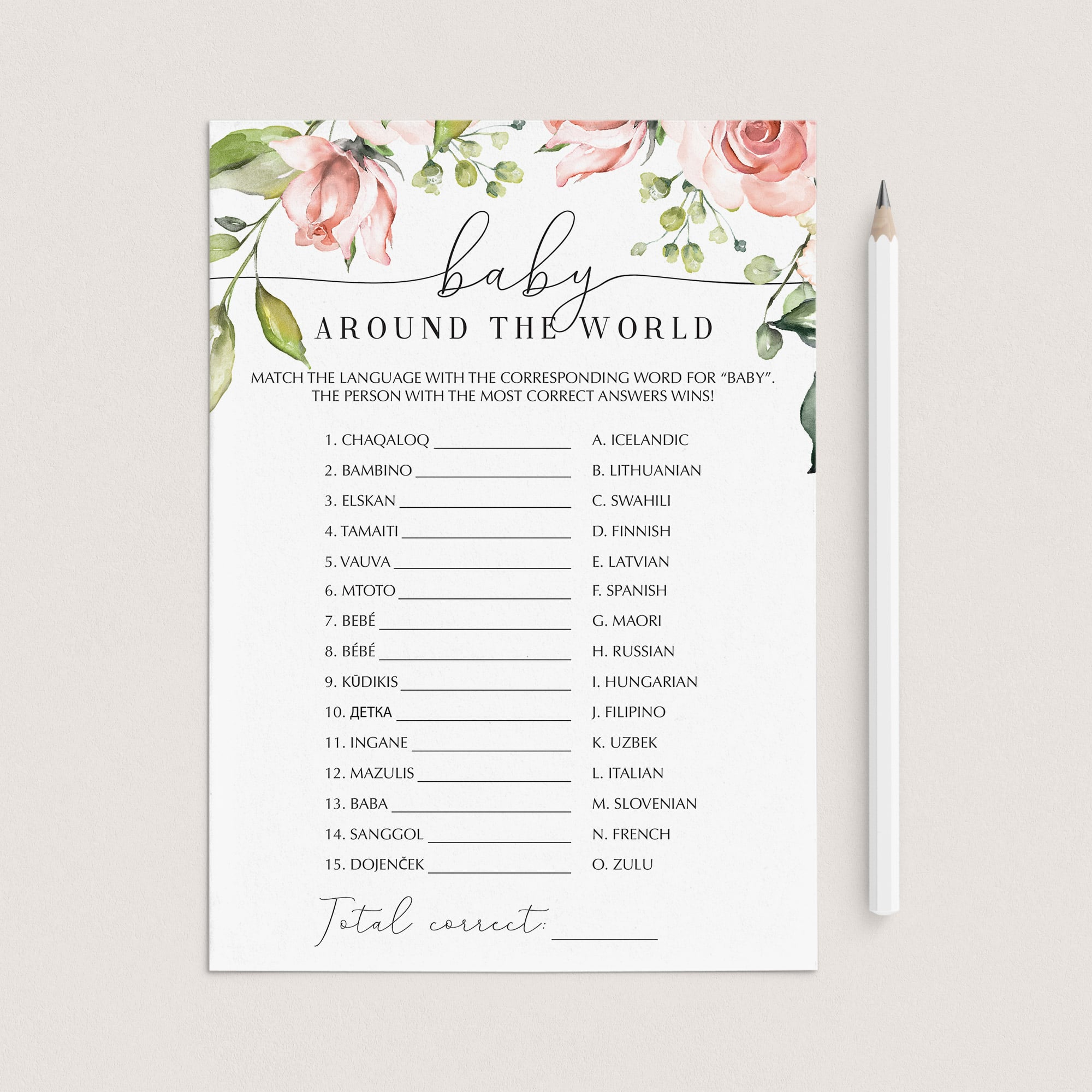 Blush floral baby shower language game printable by LittleSizzle