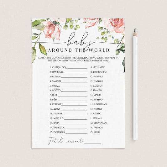 Blush floral baby shower language game printable by LittleSizzle