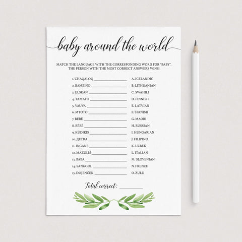 Greenery baby shower quiz Baby Around The World printable | Instant ...