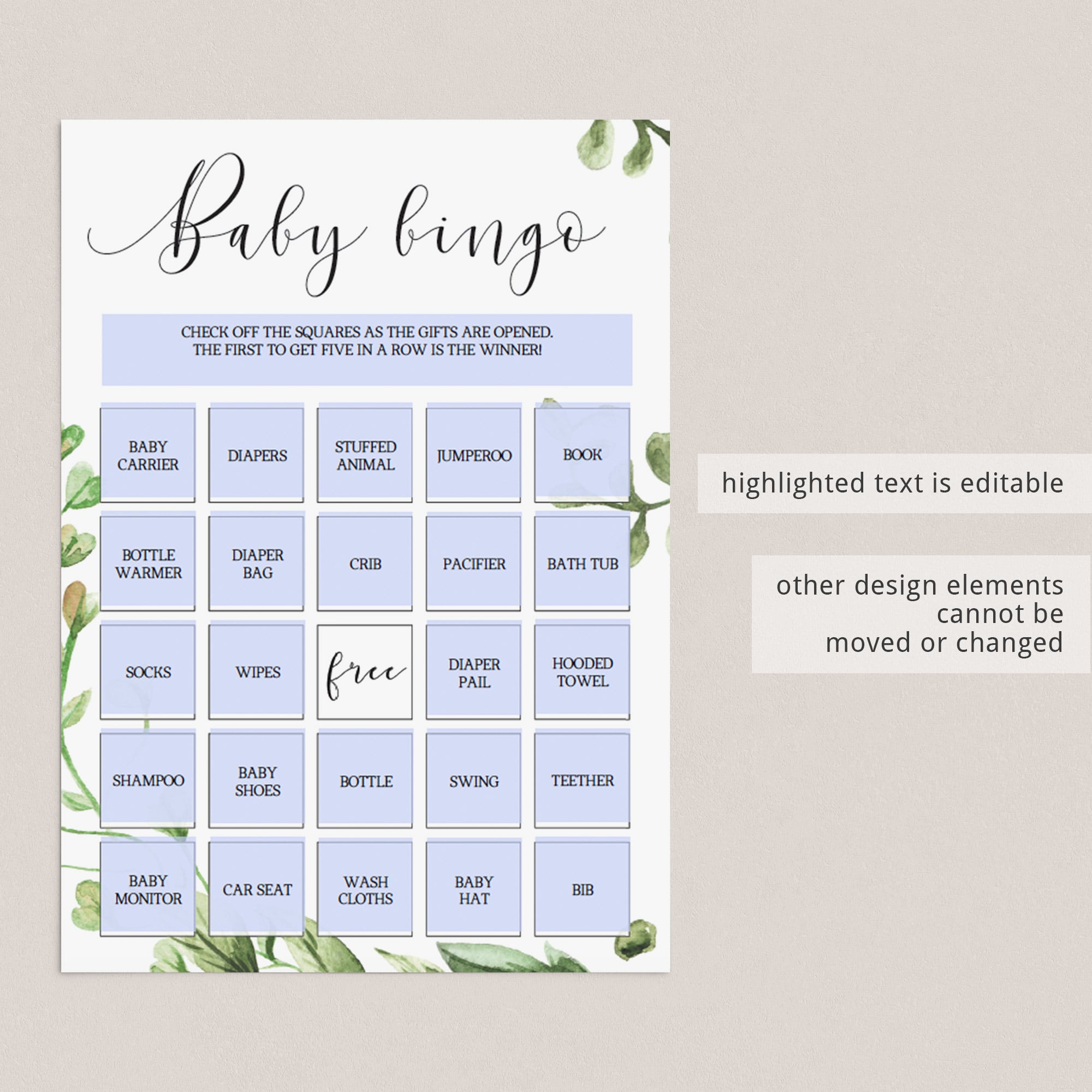DIY baby shower bingo game with greenery leaf by LittleSizzle