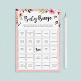 Prefilled baby bingo cards for girl printable PDF by LittleSizzle