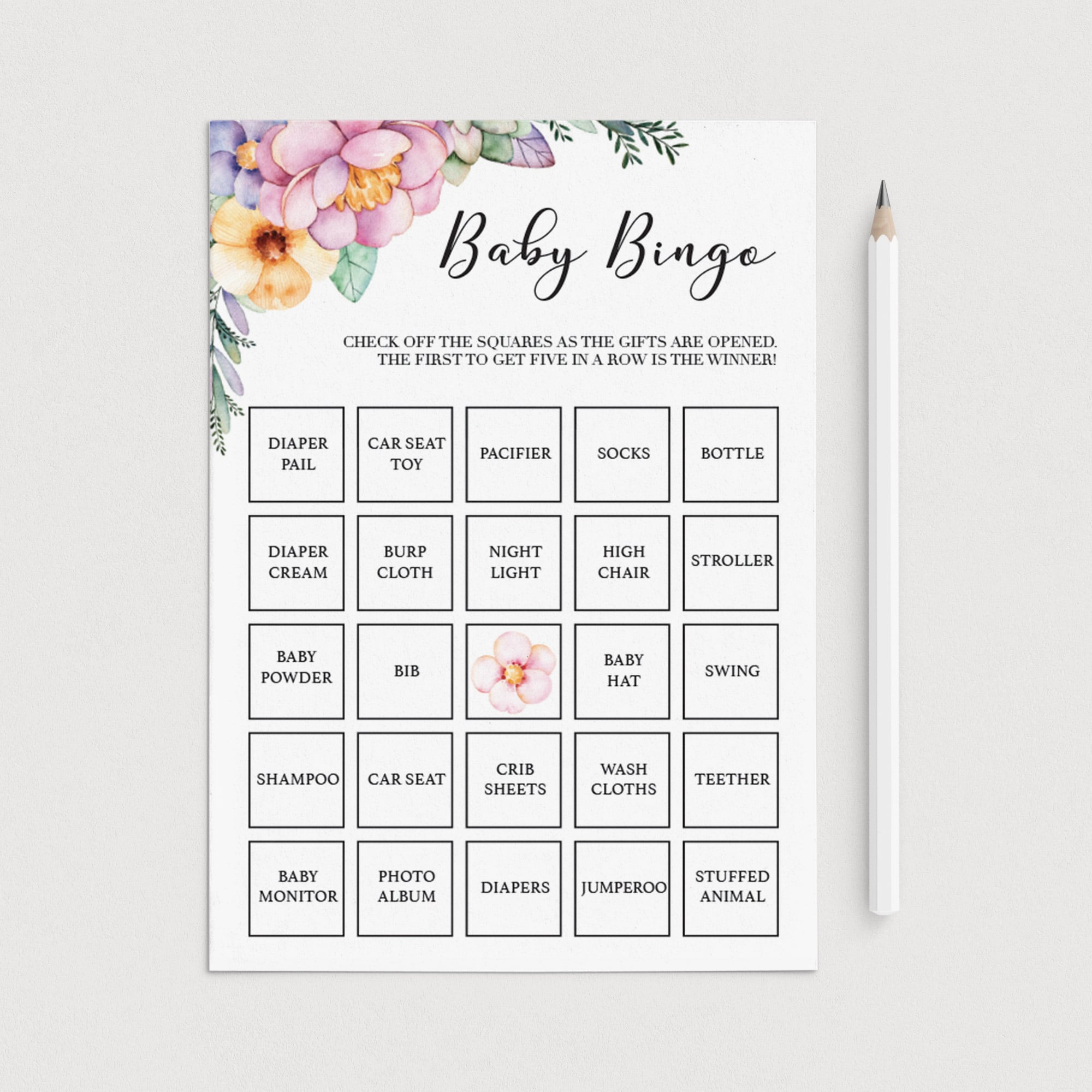 Pastel floral baby shower bingo game printable by LittleSizzle