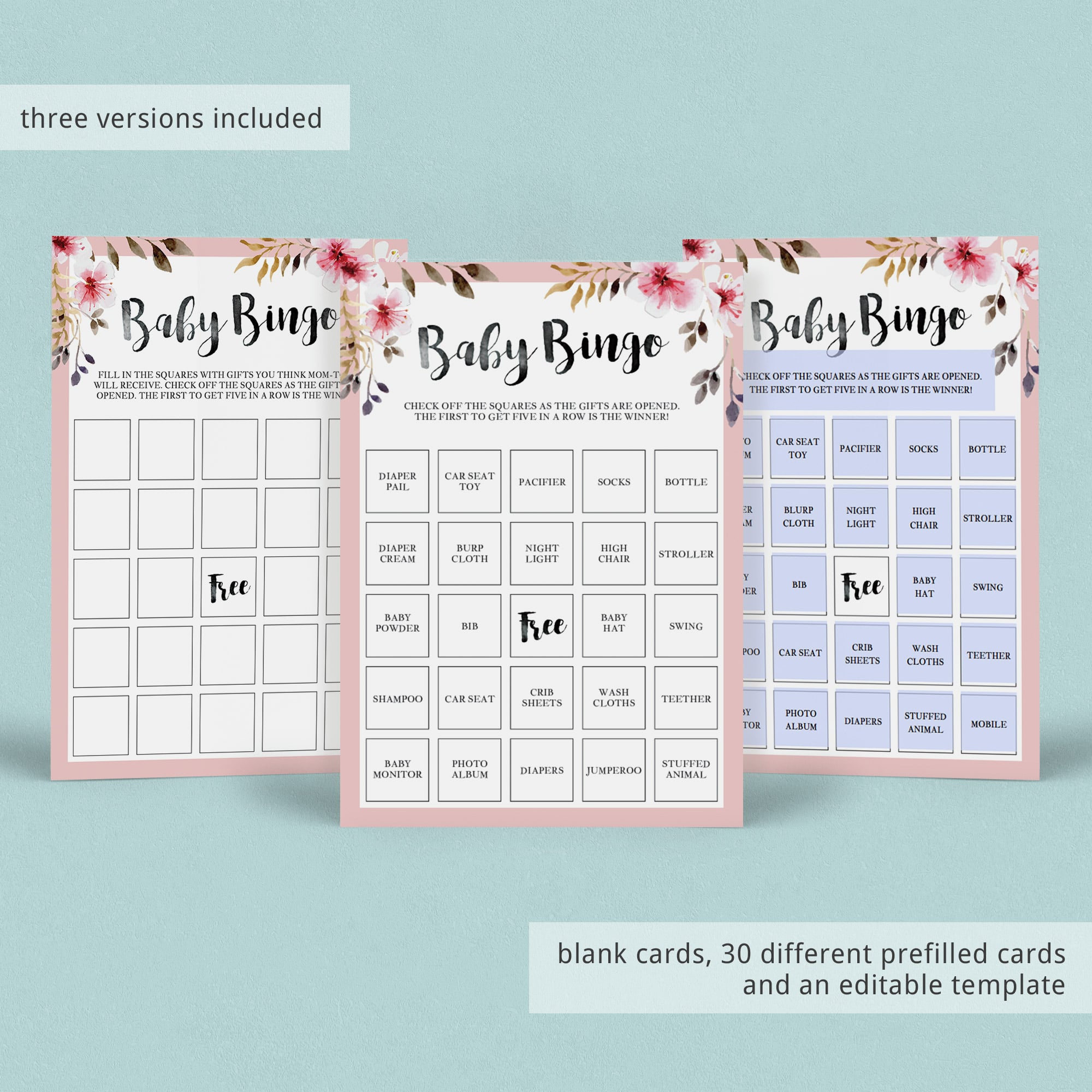 Pink floral baby shower bingo cards prefilled by LittleSizzle