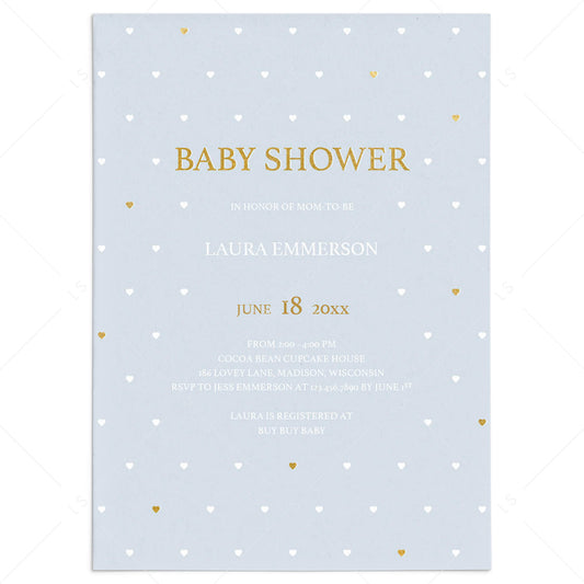 Baby Boy Shower Invitation Template with Gold Hearts by LittleSizzle
