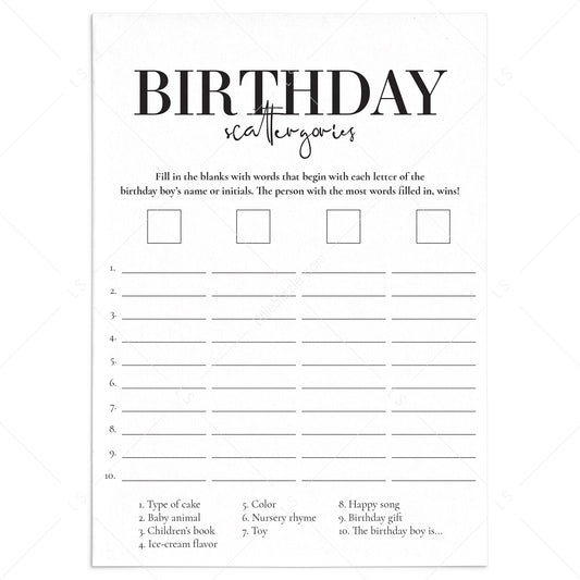 Baby Boy First Birthday Party Game Scattergories Printable by LittleSizzle