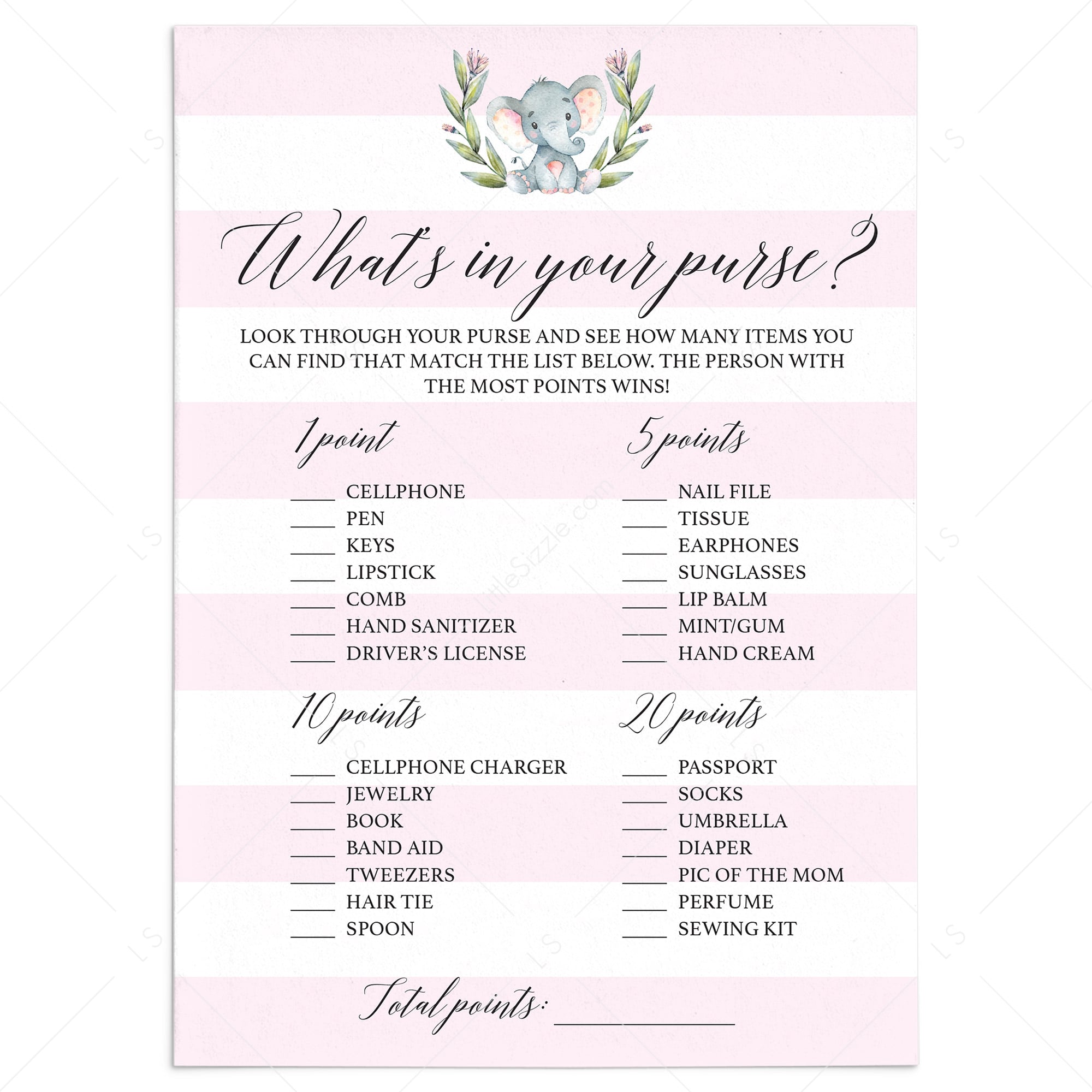 Pink baby shower game what's in your purse printable by LittleSizzle