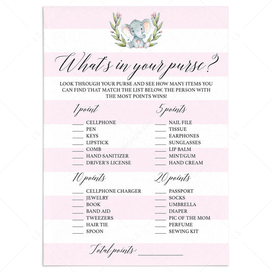Pink baby shower game what's in your purse printable by LittleSizzle