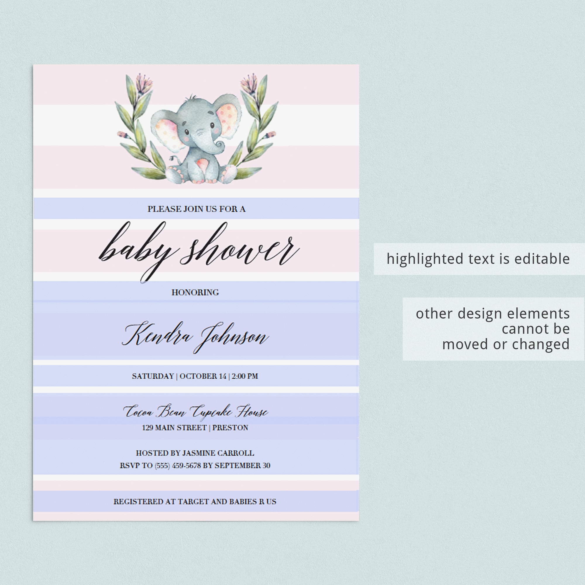 Pink elephant baby shower evite invitation template download by LittleSizzle