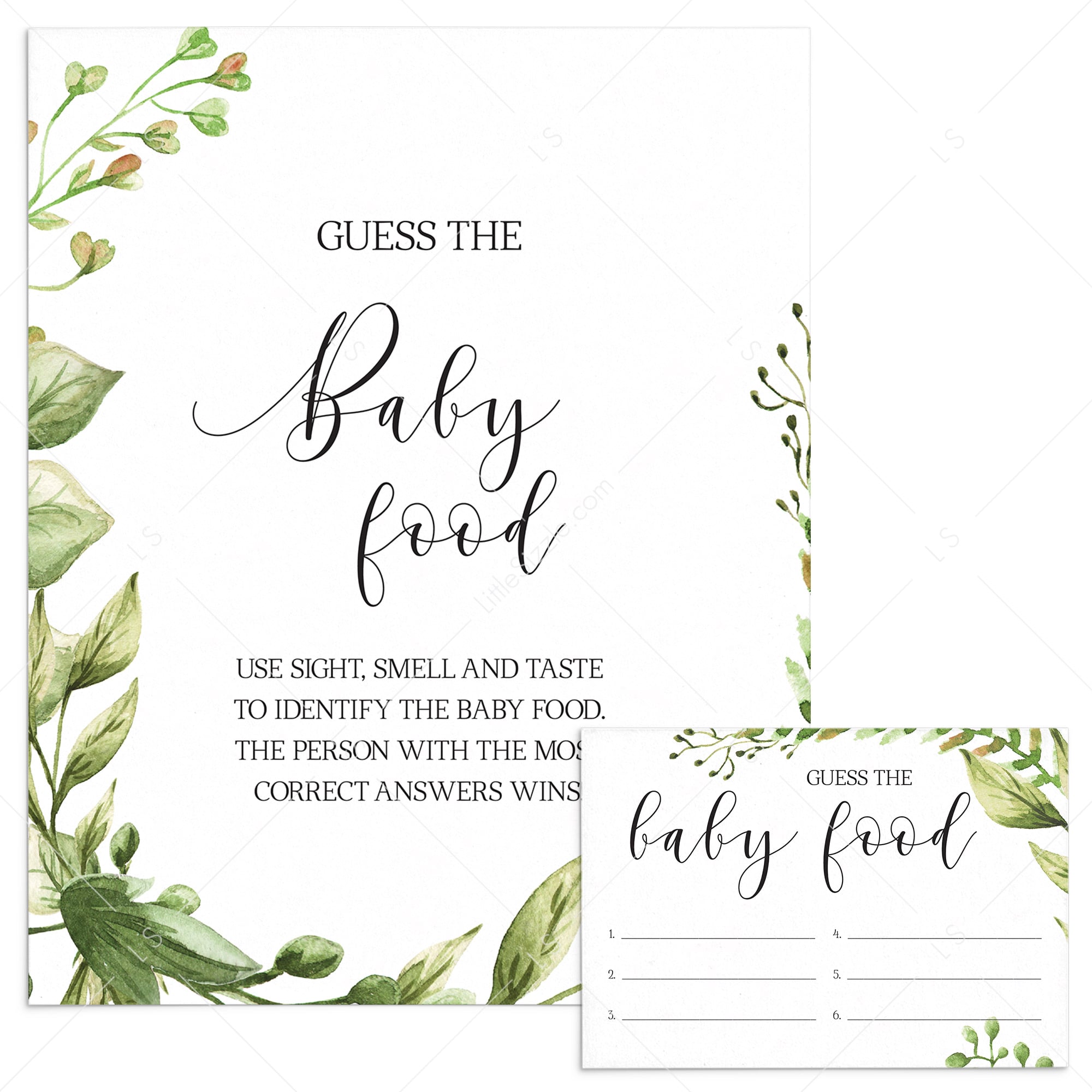 Guess the baby food shower game printable table sign and cards greenery by LittleSizzle