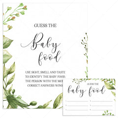 Guess the baby food shower game printable table sign and cards greenery by LittleSizzle