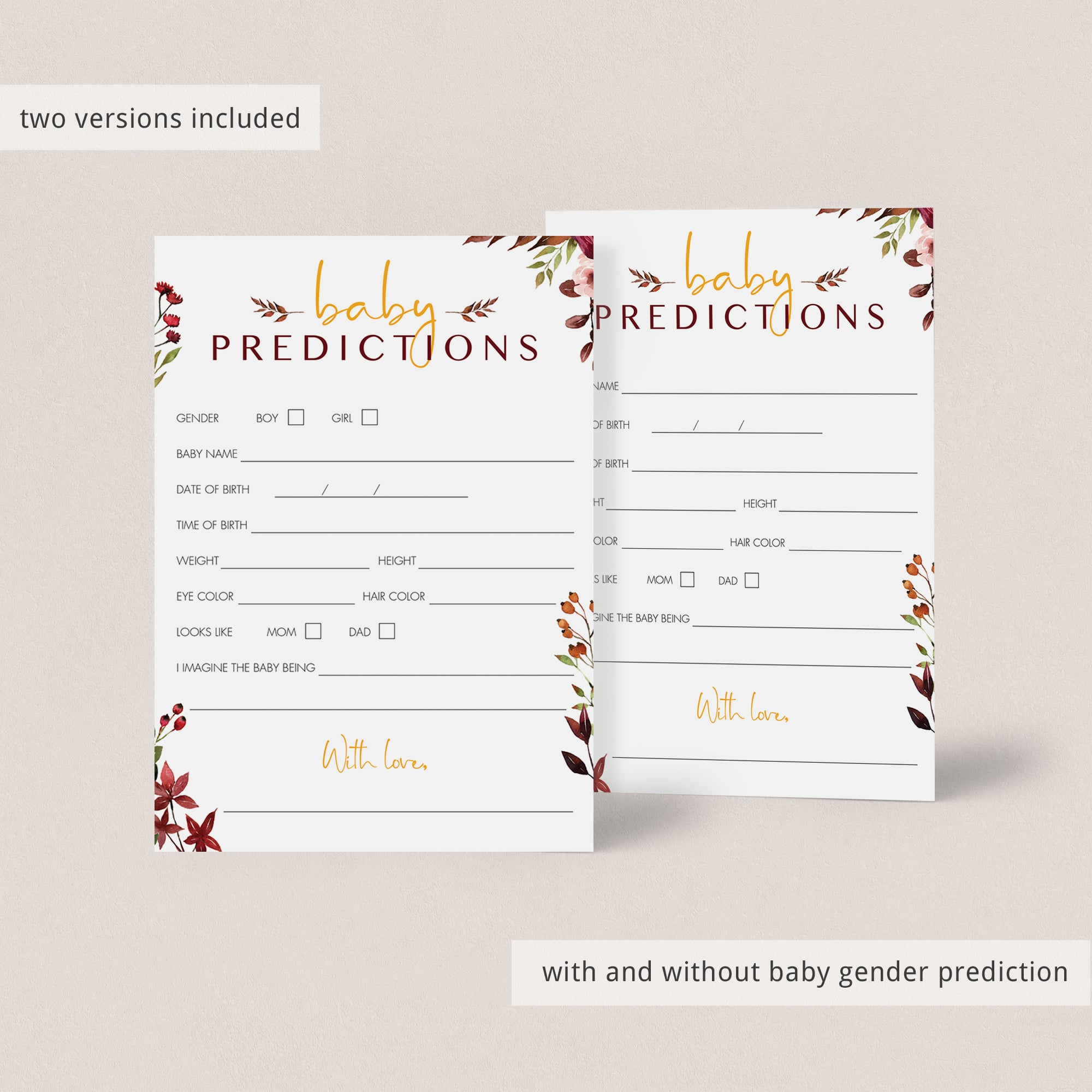 Baby predictions game printable watercolor fall leaves by LittleSizzle