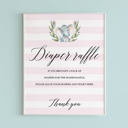Girl baby shower diaper raffle sign with watercolor grey elephant by LittleSizzle