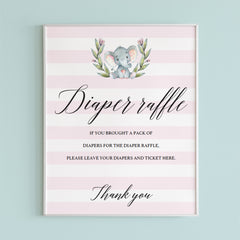 Girl baby shower diaper raffle sign with watercolor grey elephant by LittleSizzle