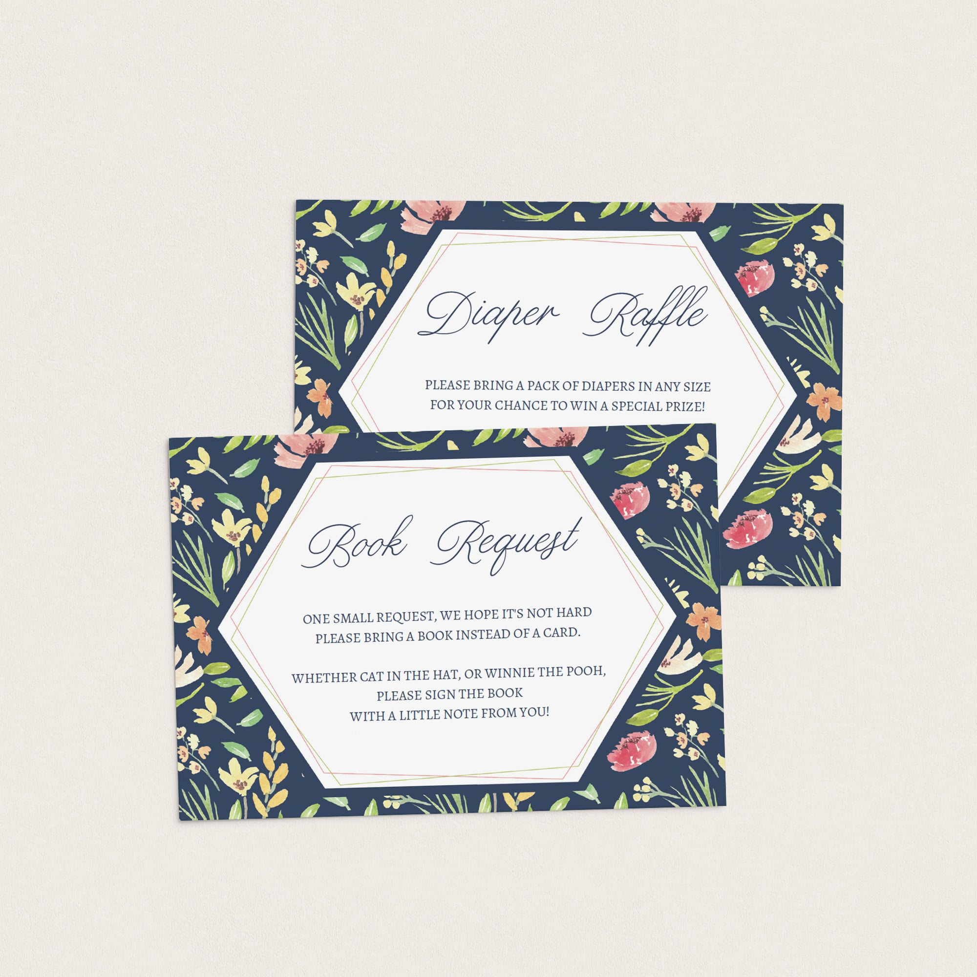 Invitation inserts for floral baby shower party pink navy and green by LittleSizzle