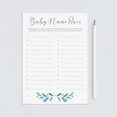 Teal Baby Shower Games Printabe Baby Name Race by LittleSizzle