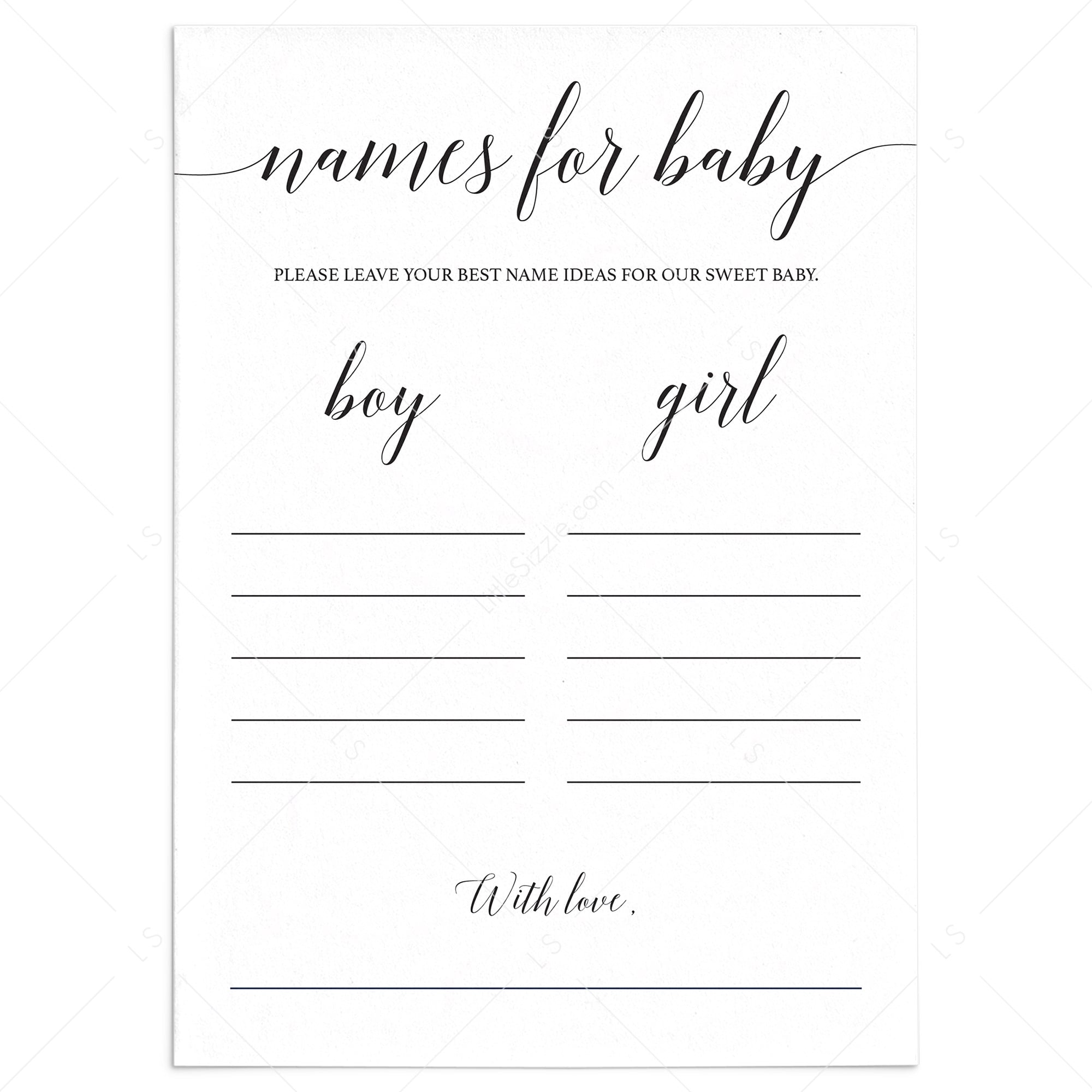 Gender reveal names for baby cards printable by LittleSizzle