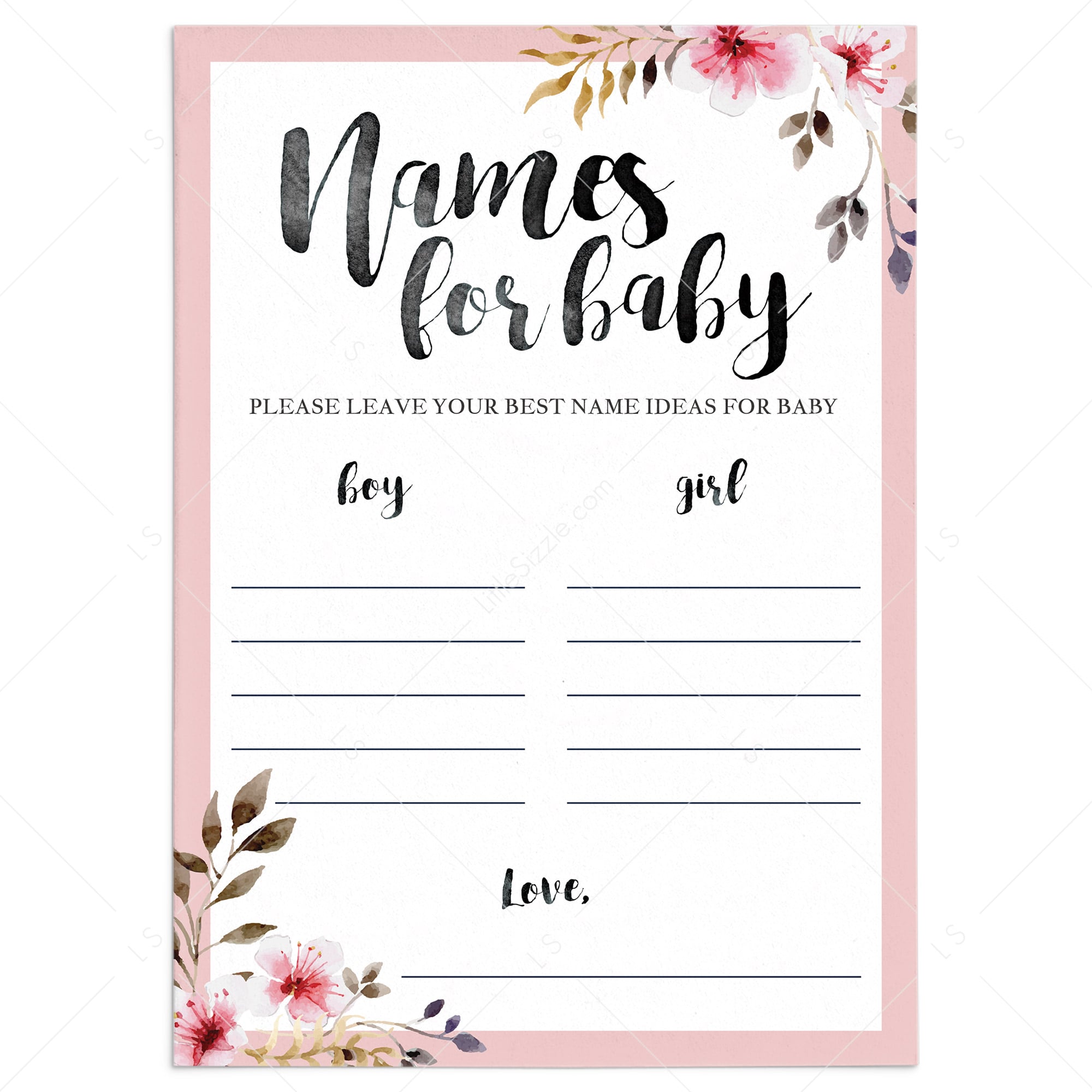 Pink baby shower name game printable download by LittleSizzle