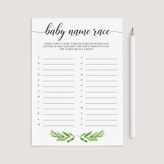 Baby Name race game for greenery baby shower party by LittleSizzle